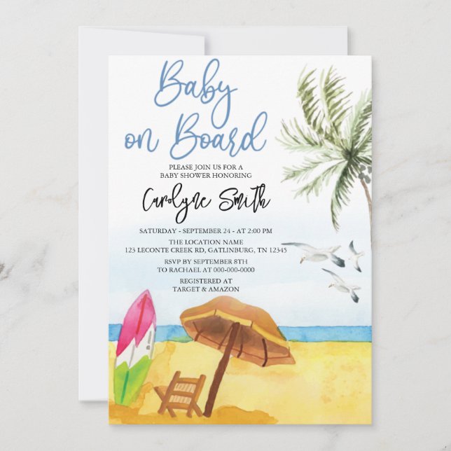 Baby ombord på Surfboard Summer Beach Baby Shower Inbjudningar (Framsida)