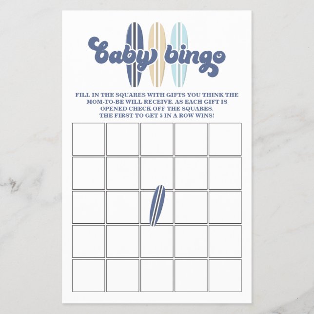 Baby ombord på Surfing Baby Shower Bingo Flyer (Framsidan)