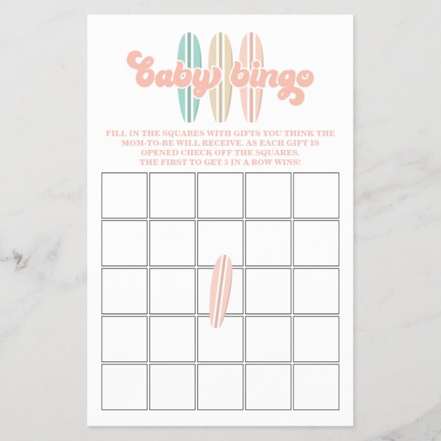Baby ombord på Surfing Baby Shower Bingo Flyer (Framsidan)