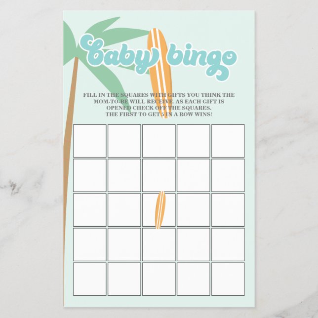 Baby ombord på Surfing Baby Shower Bingo Flyer (Framsidan)