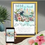 Baby ombord på Tropiska surfing Late Night Diaper Poster<br><div class="desc">Den tropiska surfingtemade exotiska blommigten "Baby on board" är en babyduschmall som innehåller ett tema för gender-neutralt med tropiskt fläkt. Konstruktionen skildrar en gruppering av färgstarka surfingbrädor med havet och en härlig våg mitt i en vacker tropisk blommigt. Programmet färg består av mjuka nyanser av grönt, blått, rosa och gult...</div>