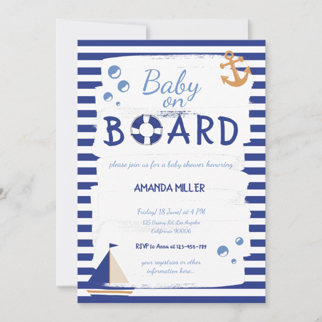 Baby ombord! Sailor Marine Blue Baby Shower Inbjudningar (Framsida)