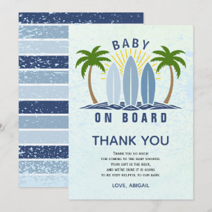 Baby ombord som surfar på stänk blå pojke dusch tack kort
