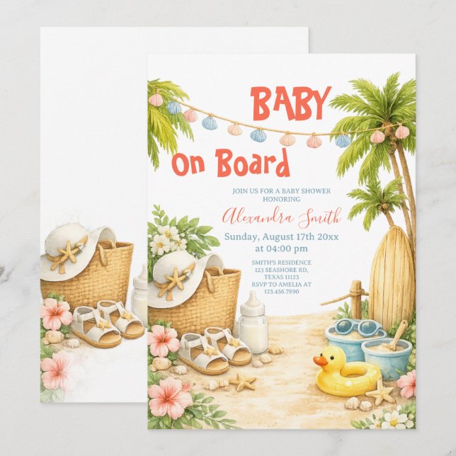 Baby Ombord | Tropisk Strand Bebis Shower Inbjudningar (Fram/baksida)
