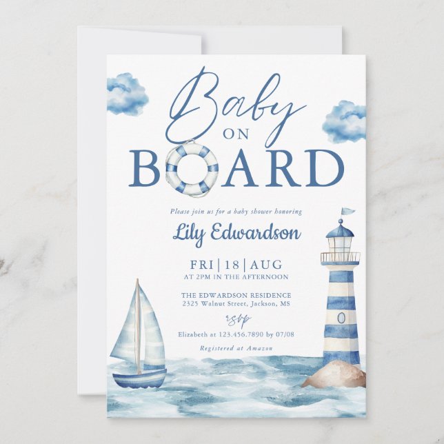 Baby On Board Blue Nautical Baby Shower Inbjudningar (Framsida)