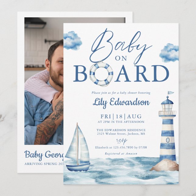 Baby On Board Nautical Shower Photo QR Code Inbjudningar (Fram/baksida)