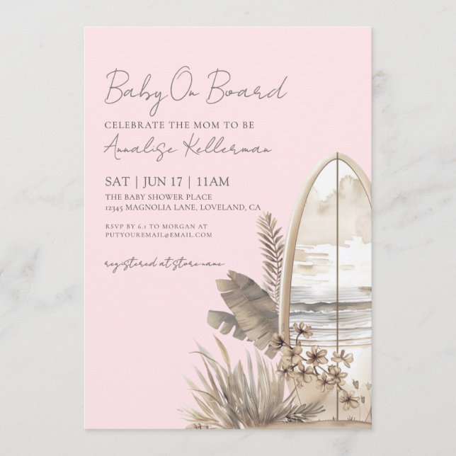Baby On Board Pink Boho Beach Baby Shower Inbjudningar (Framsida)