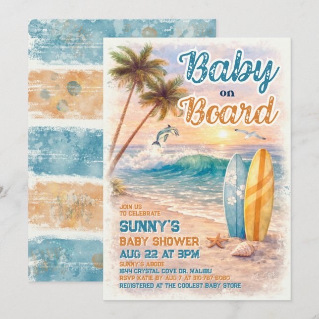Baby on Board Retro Surf Beach Baby Shower Inbjudningar (Fram/baksida)