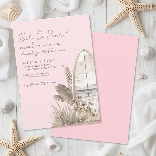 Baby On Board Rosa Boho Beach Bebisens Första Dag Inbjudningar (Baby On Board Pink Boho Beach Baby Shower Invitation)