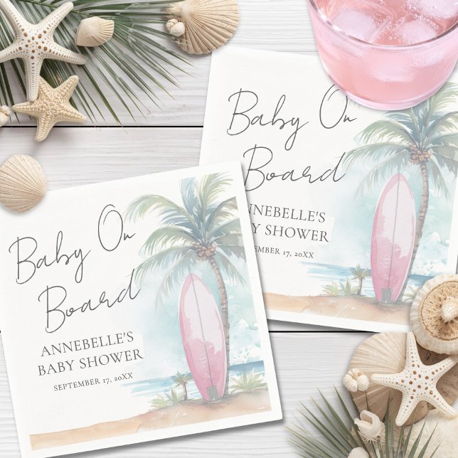 Baby On Board Rosa Strand Babyshower Pappersservett (Baby On Board Pink Beach Baby Shower Napkins)