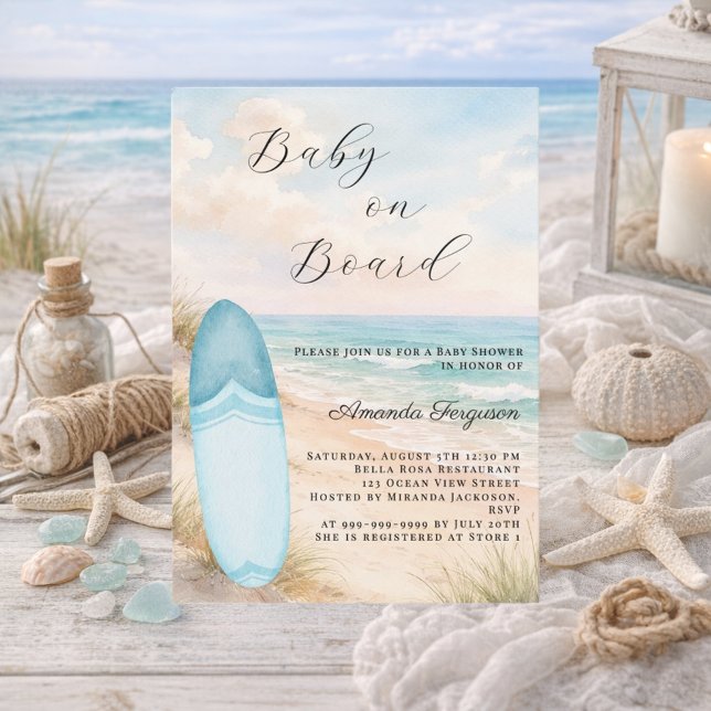Baby on Board surfboard blue boy beach Baby Shower Inbjudningar (Skapare uppladdad)