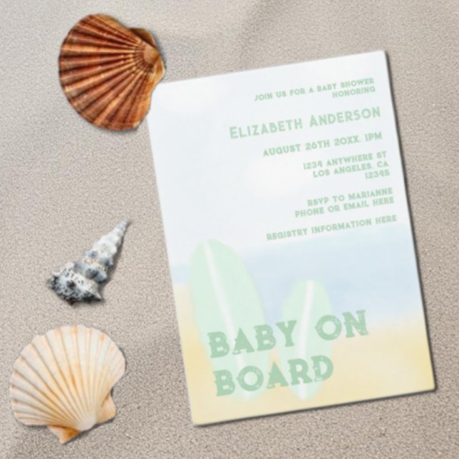 Baby On Board Surfing Beach Watercolor Baby Shower Inbjudningar (Skapare uppladdad)