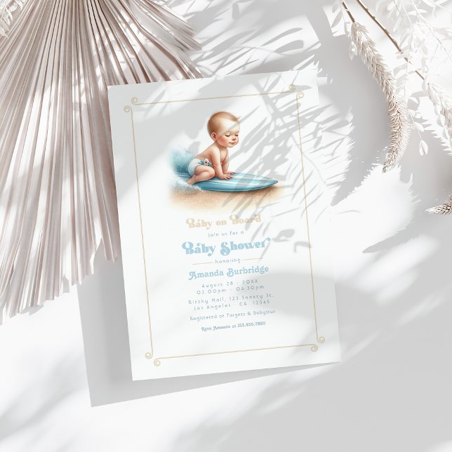 Baby on Board Surfing Tema Bebis Bjudning Inbjudningar (aby on Board Surfing Theme Baby Shower Invitation)