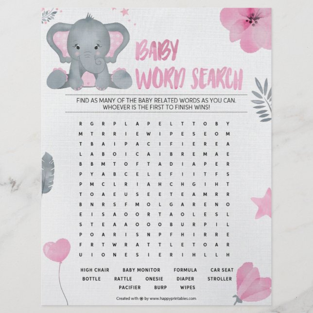 Baby Ord Search [Baby Elephant [Rosa] Brevhuvud (Framsida)