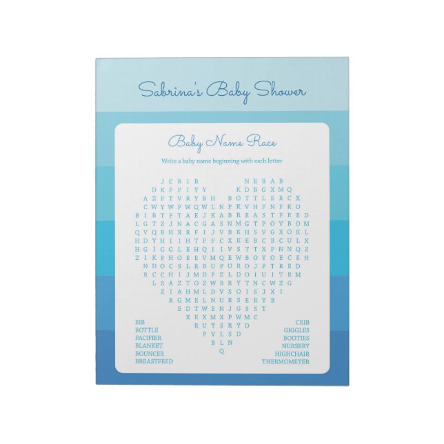 Baby Ord Search Blue Ombre Rand Baby Shower Anteckningsblock (Roterad)