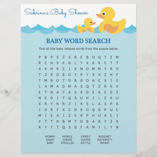 Baby Ord Search Rubber Anka Baby Shower Game (Framsida)