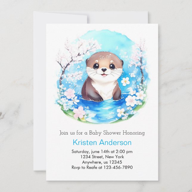 Baby Otter Blue WildblomBoy Baby Shower Inbjudningar (Framsida)