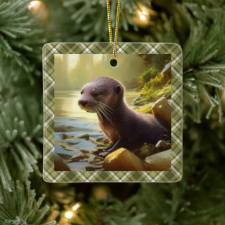 Baby Otter Wildlife Porträtt Personlig Julgransprydnad Keramik