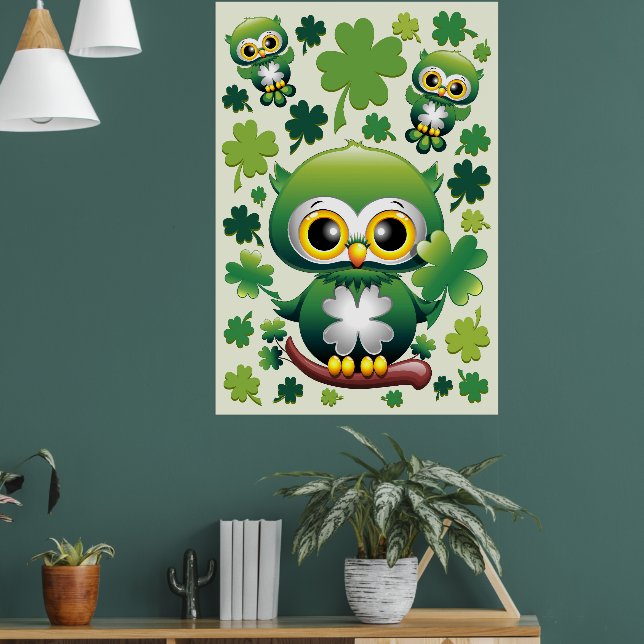 Baby Owl Cute St Patrick Cartoon Poster (Vardagsrum 1)