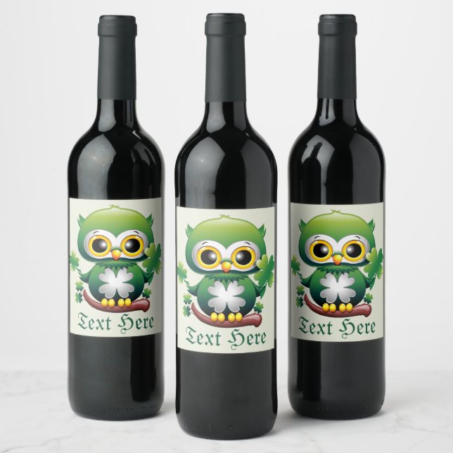 Baby Owl Cute St Patrick Cartoon Vinflaska Etikett (Flaskor)