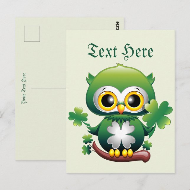 Baby Owl Cute St Patrick Cartoon Vykort (Fram/baksida)