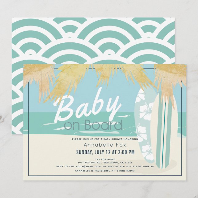 Baby på boeach Surfa Boy Shower Inbjudningar (Fram/baksida)