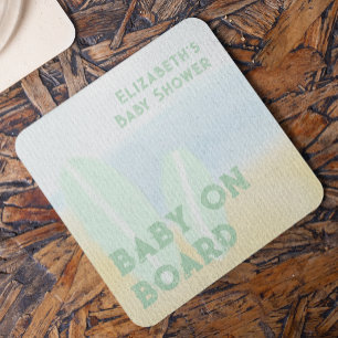 Baby På Bord Surfande Strand Vattenfärg Babykalas Underlägg Papper Kvadrat