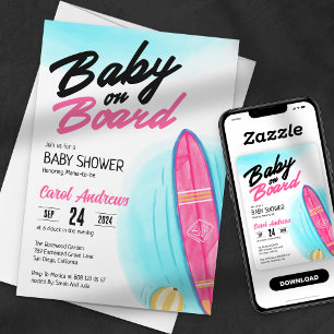 Baby på Bräda Rosa Surfbräda Bebisfest Inbjudningar