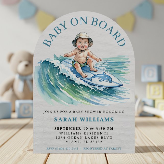 Baby på insidan av vattenfärgsbesökare inbjudningar (Baby on Board Watercolor Surfing Baby Shower Invitation
)