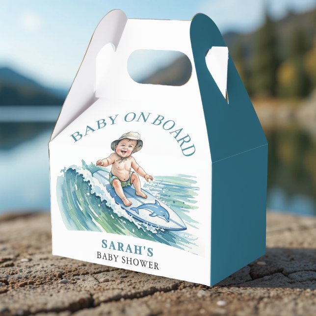 Baby på insidan av vattenfärgsbesökare presentaskar (Baby on Board Watercolor Surfing Baby Shower Favor Boxes
)