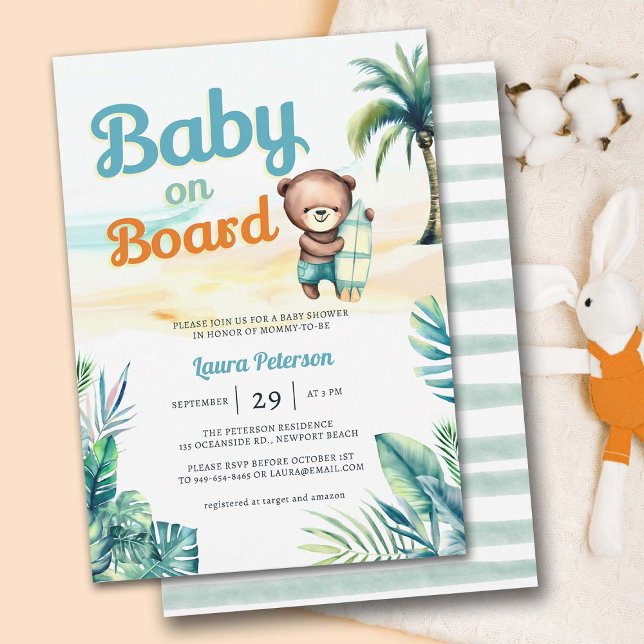 Baby på Surfan Tropical Cute Boy Shower Inbjudningar (baby on board surf beach tropical paradise baby boy shower invitation cute watercolor illustration)