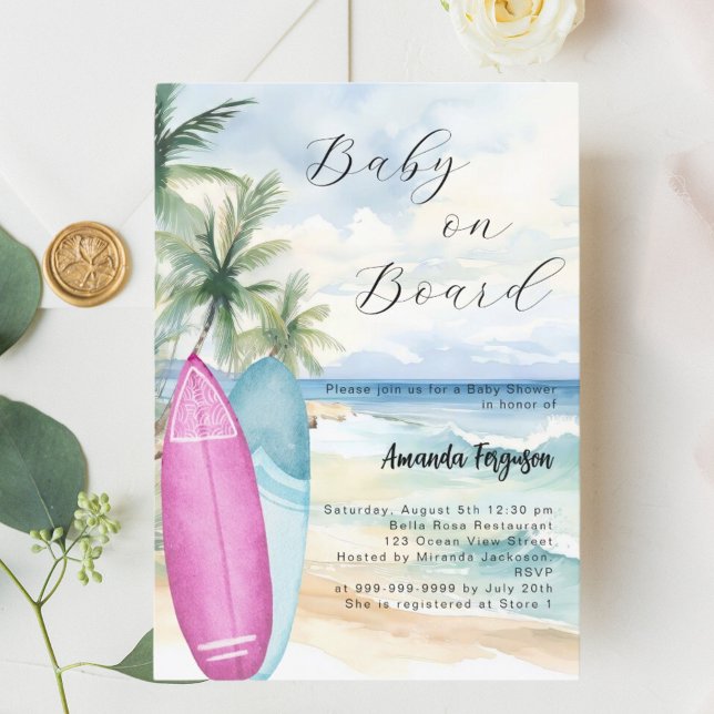 Baby på surfbords-pojkstranden Babyskor Inbjudningar (Skapare uppladdad)