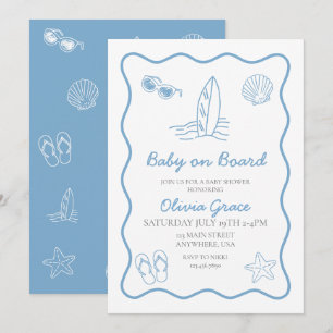 Baby på väg doodle Surfbräda Strand Bebis firande Inbjudningar