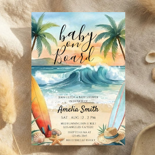 baby på väg mot stranden kust surfbräda baby showe inbjudningar