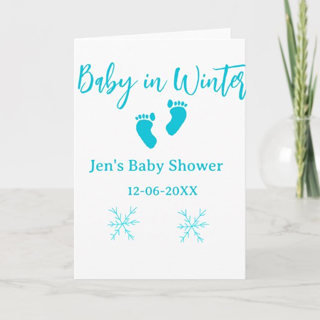 Baby på vinter baby shower blå babyfötter snöfling kort (Framsida)
