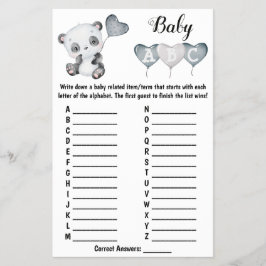 Baby Panda ABC Baby Shower-spelkort Flygblad
