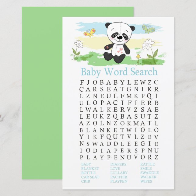 Baby panda Baby Shower Ord Search-spel (Fram/baksida)