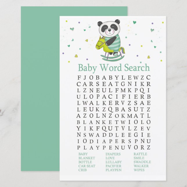 Baby Panda Baby Shower Ord Search-spel (Fram/baksida)