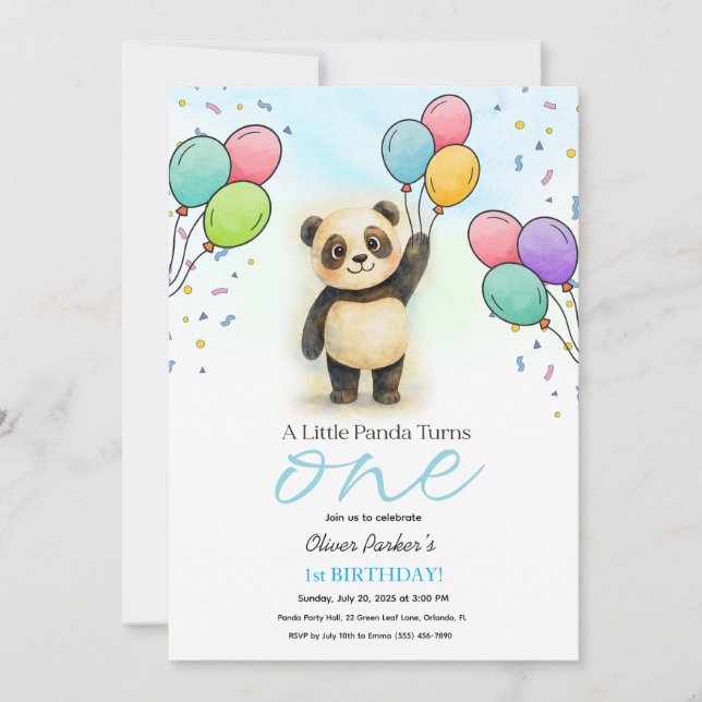 Baby Panda Ballong 1-årsfest Blå Inbjudningar (Framsida)