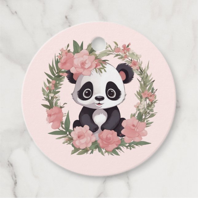 Baby Panda Bear med blommor Gåvor Etiketter (Framsida)