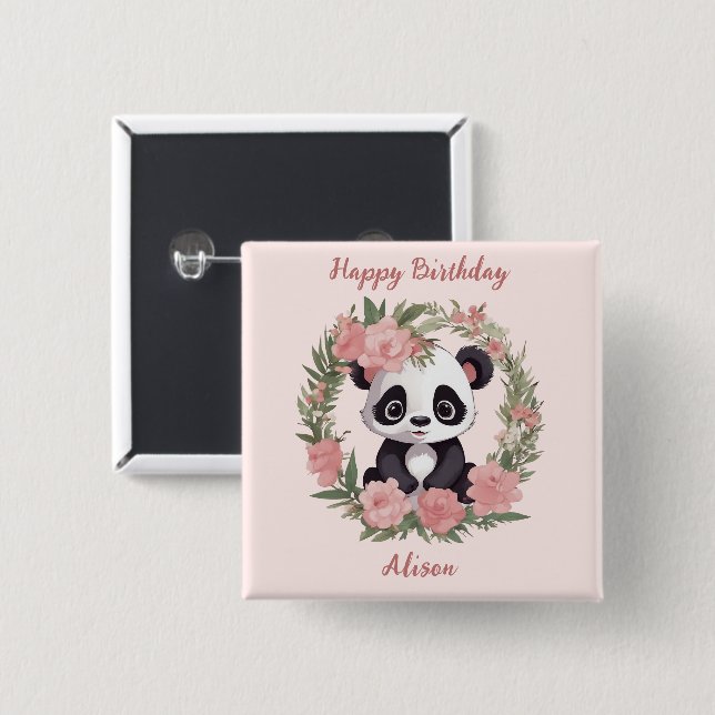 Baby Panda Bear med blommor Knapp (Framsida & baksida)