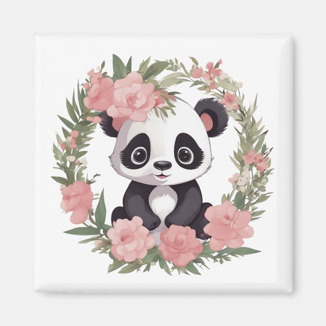 Baby Panda Bear med blommor Magnet (Framsidan)