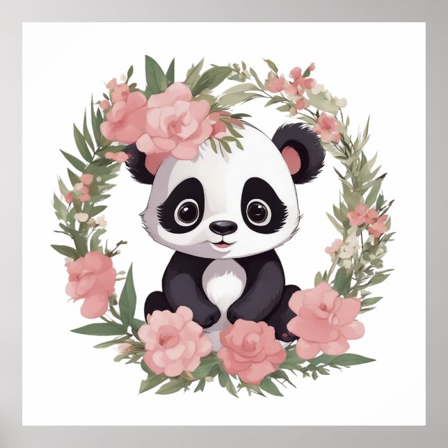 Baby Panda Bear med blommor Poster (Framsidan)