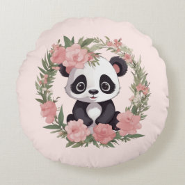 Baby Panda Bear med blommor Rund Kudde