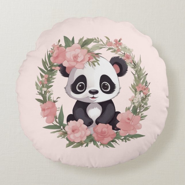 Baby Panda Bear med blommor Rund Kudde (Framsidan)