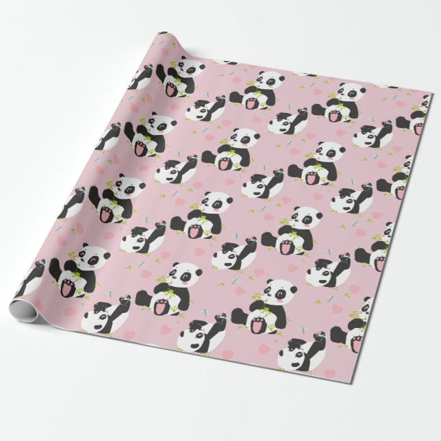 Baby Panda Bear Rosa Hjärter Presentpapper (Utrullad)
