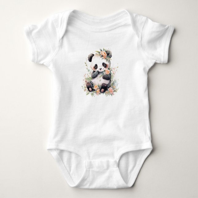 Baby Panda Bear Unge med Flowers T Shirt (Framsida)