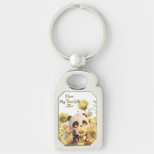 Baby Panda med solros metallnyckelring Rektangulärt Silverfärgad Nyckelring