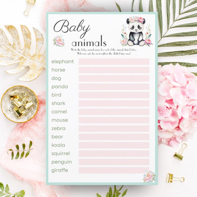 Baby Panda Peonies Jungle Baby djur Game (Whimsical baby panda in peony jungle - ideal for baby animal guessing game at your shower!

)