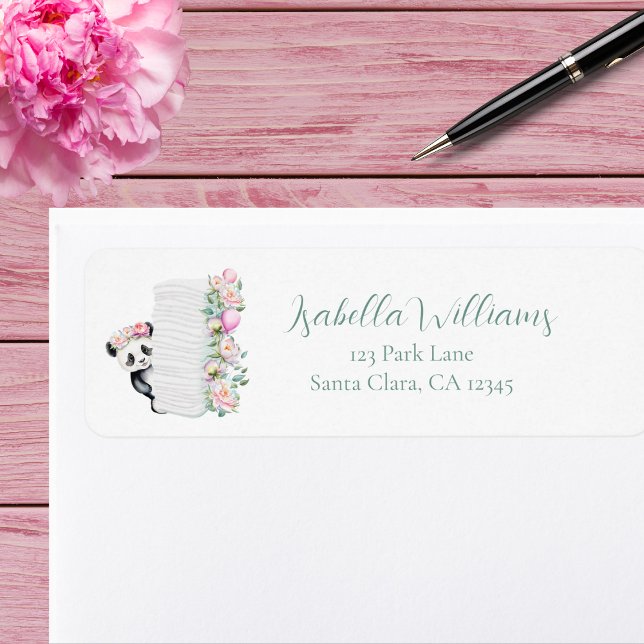 Baby Panda Peonies Jungle Baby Shower Returadress Etikett (Skapare uppladdad)